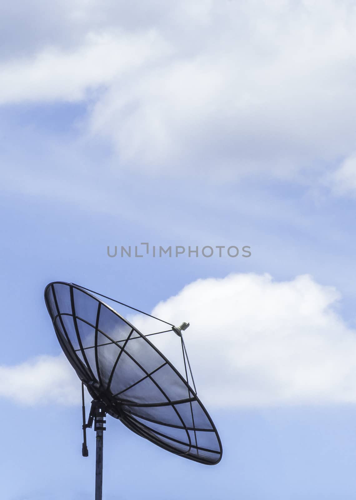 Closeup satellite dish and blue sky background