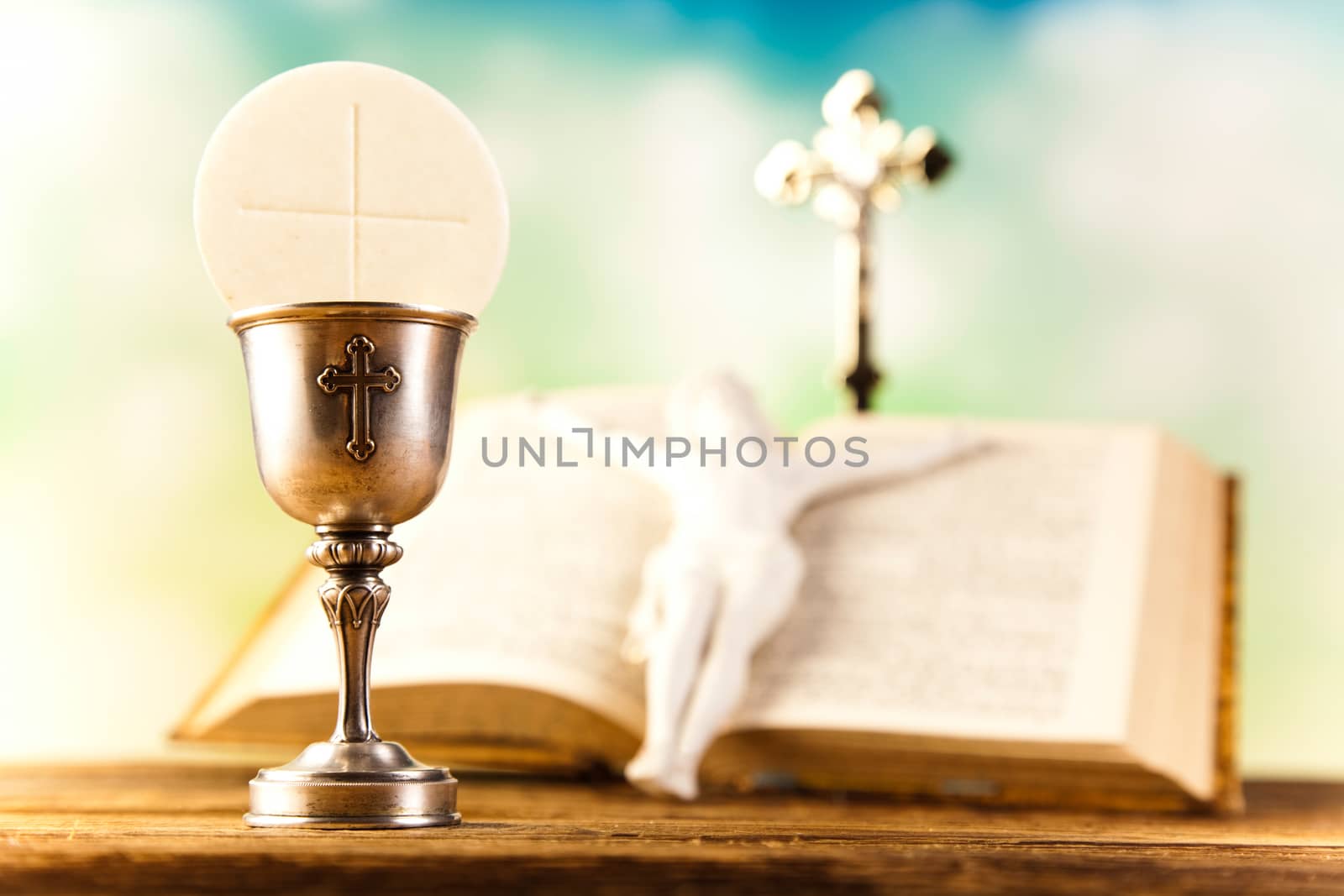 First communion, bright background, saturated concept