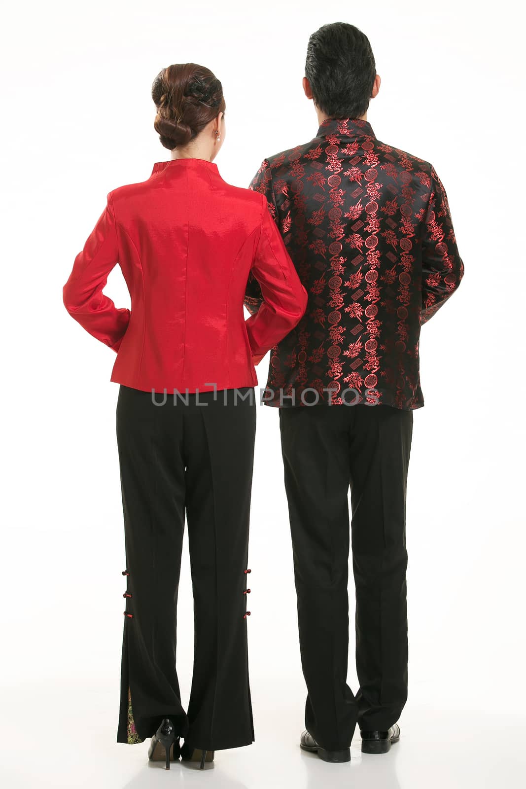 Wearing Chinese clothing waiter in front of a white background