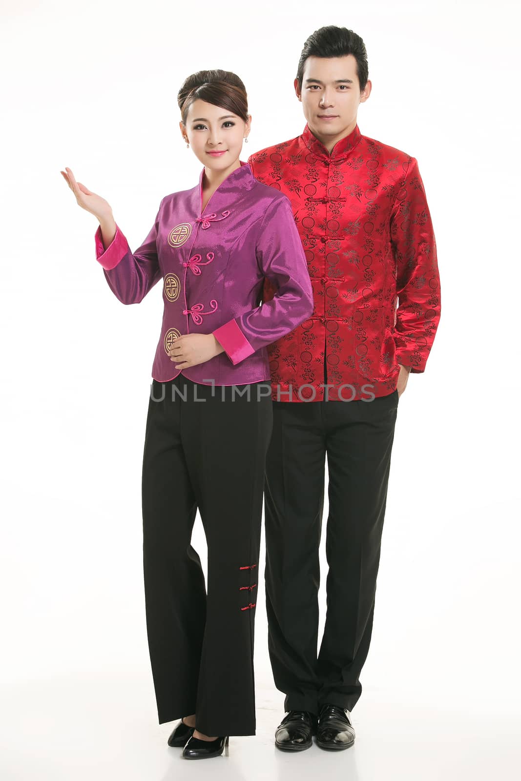 Wearing Chinese clothing waiter in front of a white background