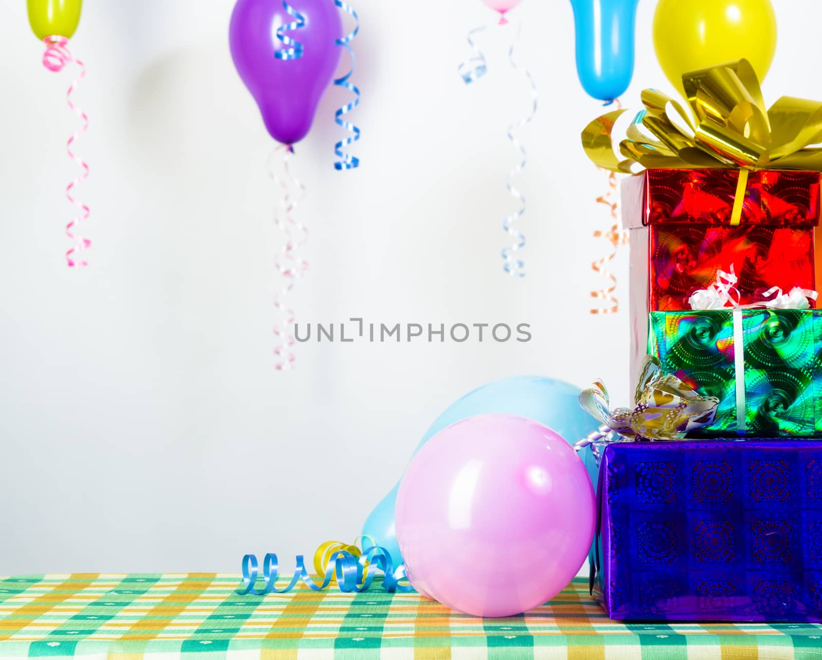 Balloons and gifts. Festive decoration. Background or card