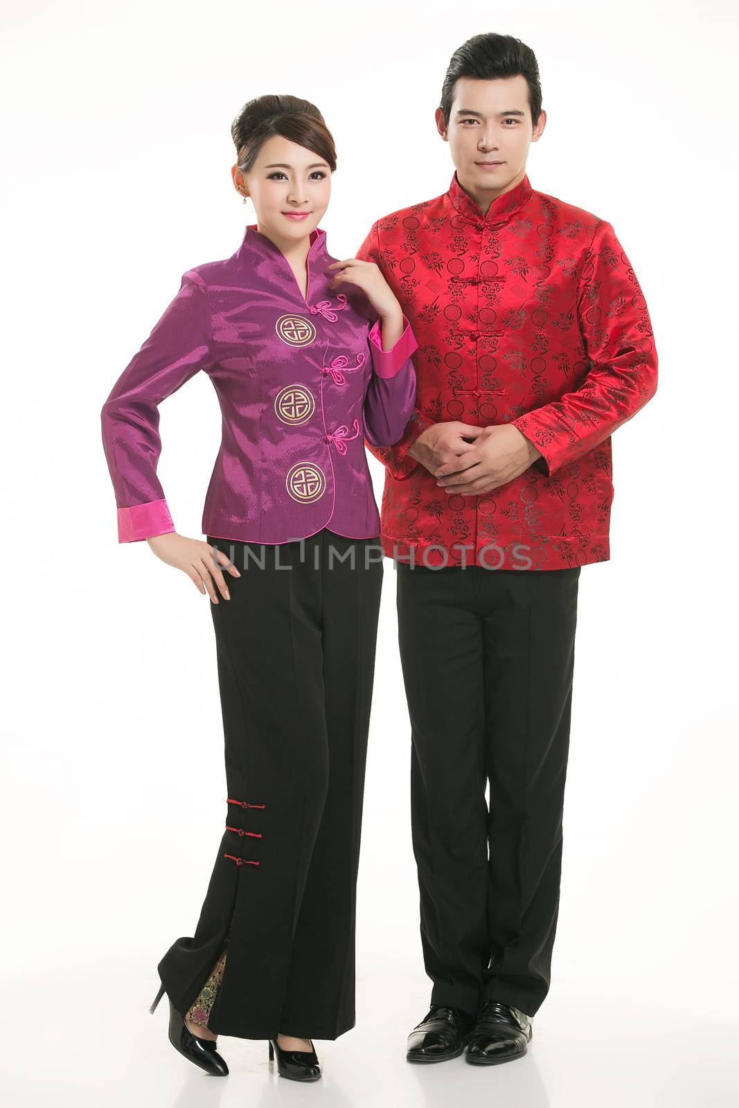 Wearing Chinese clothing waiter in front of a white background