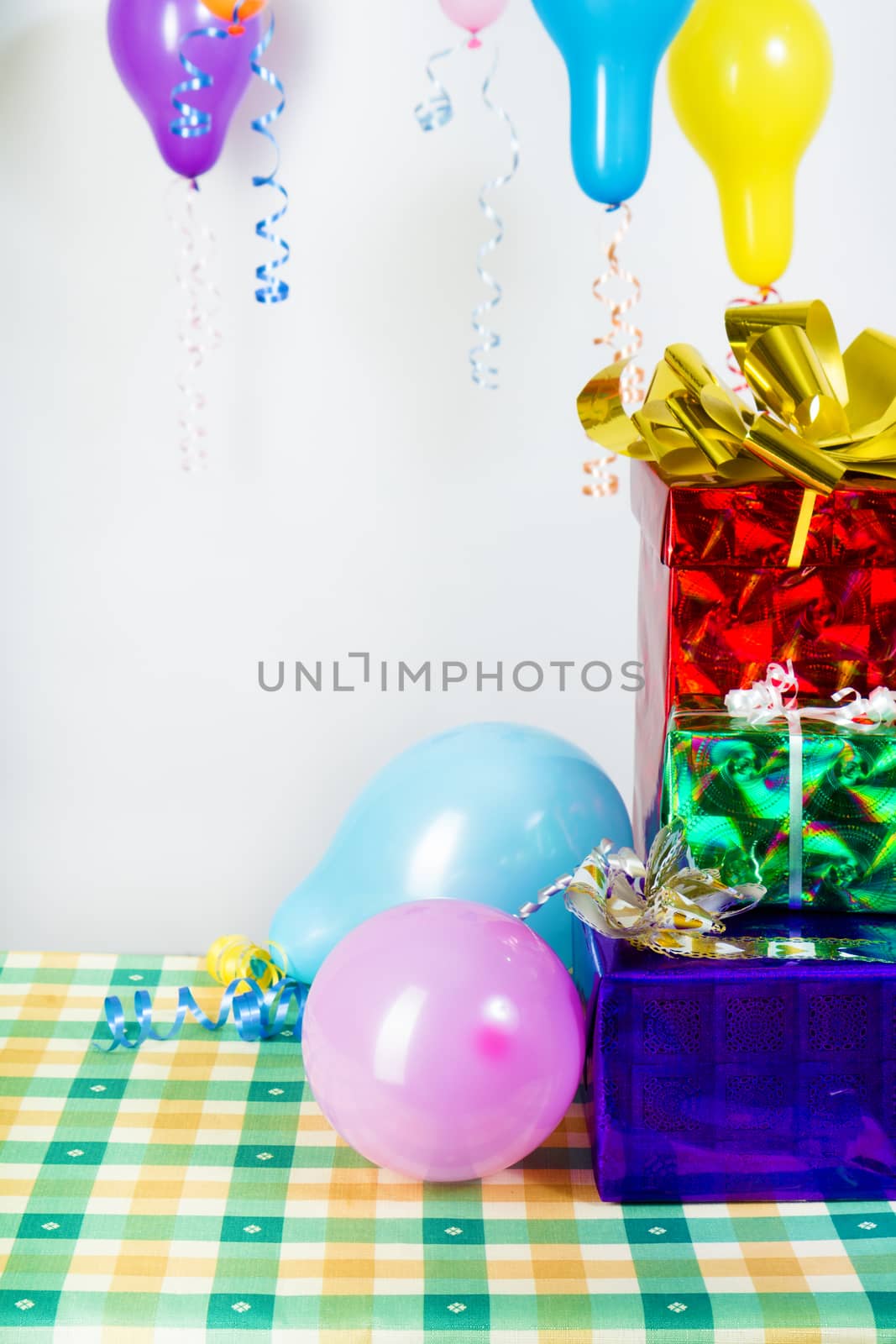 Balloons and gifts. Festive decoration. Background or card