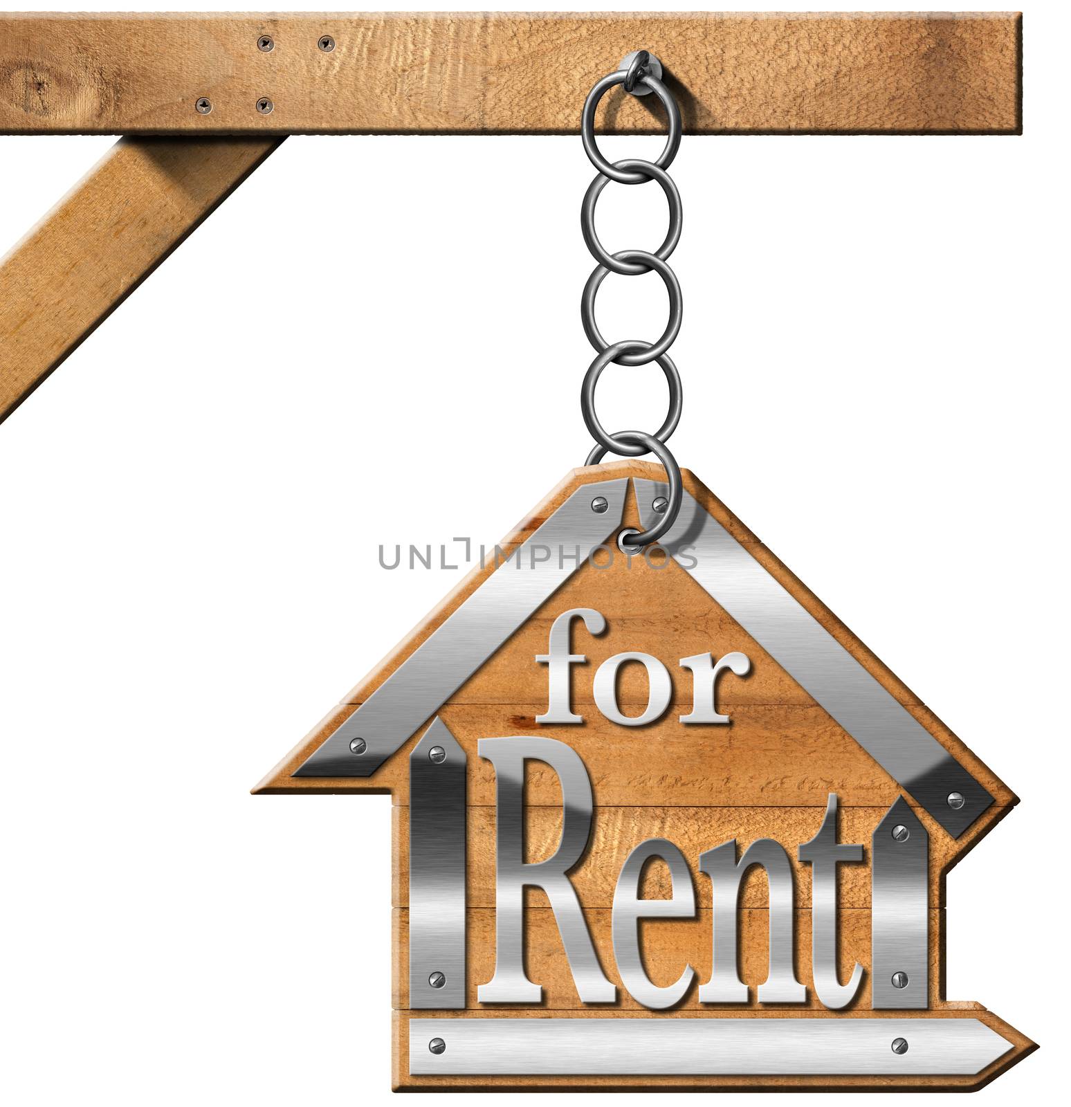 Wooden and metallic sign in the shape of house with text for rent. For rent real estate sign hanging from a chain a wooden pole and isolated on white