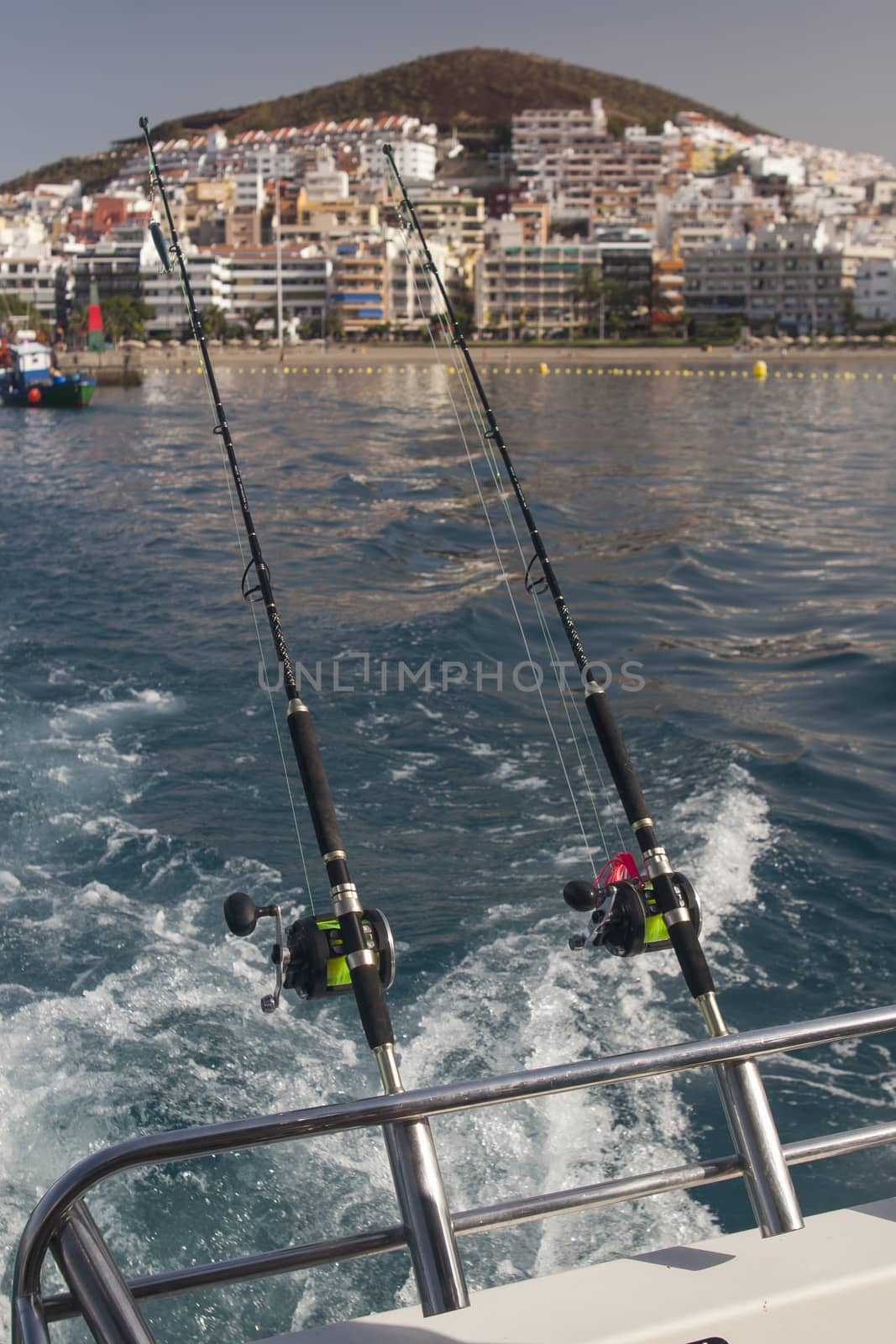 fishing rods on a motorboat yacht