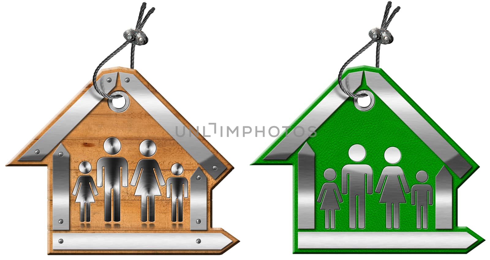 Two labels in the shape of house with a metal cable and symbol of a family. Isolated on white background