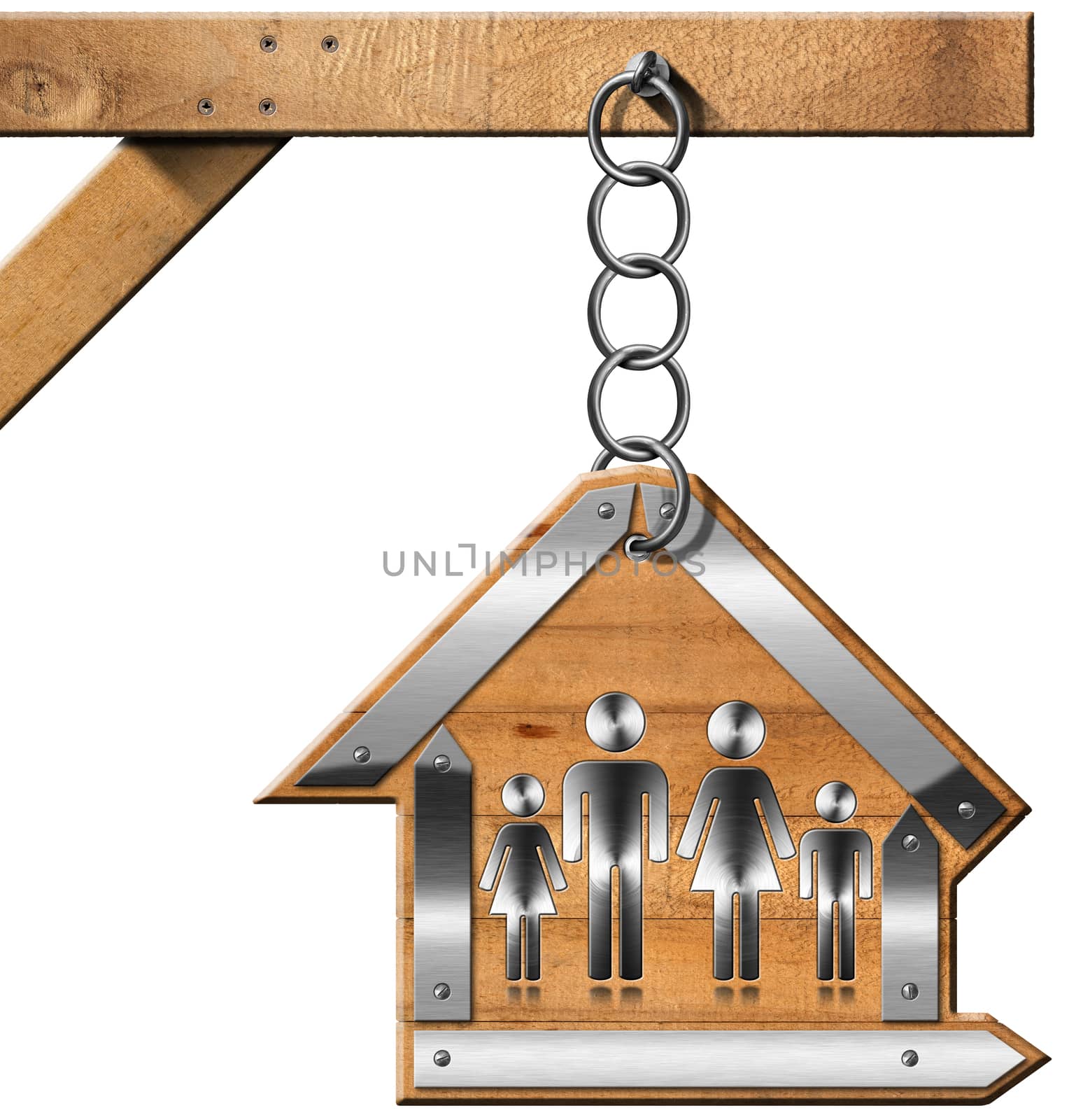 Wooden and metallic sign in the shape of house with symbol of a family. Hanging from a metal chain on a wooden pole and isolated on white