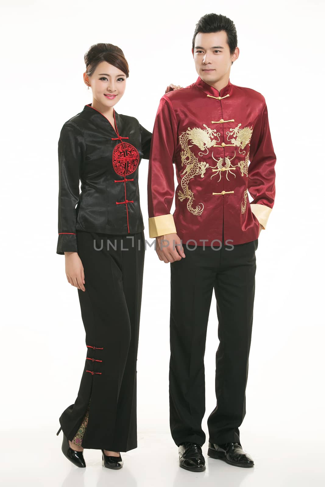 Wearing Chinese clothing waiter in front of a white background