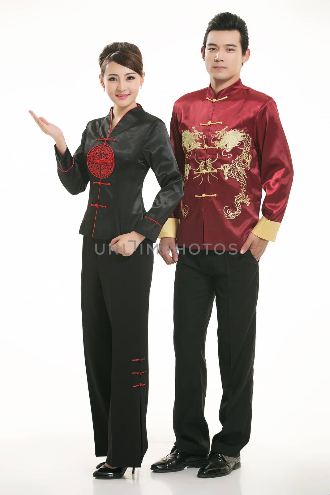 Wearing Chinese clothing waiter in front of a white background