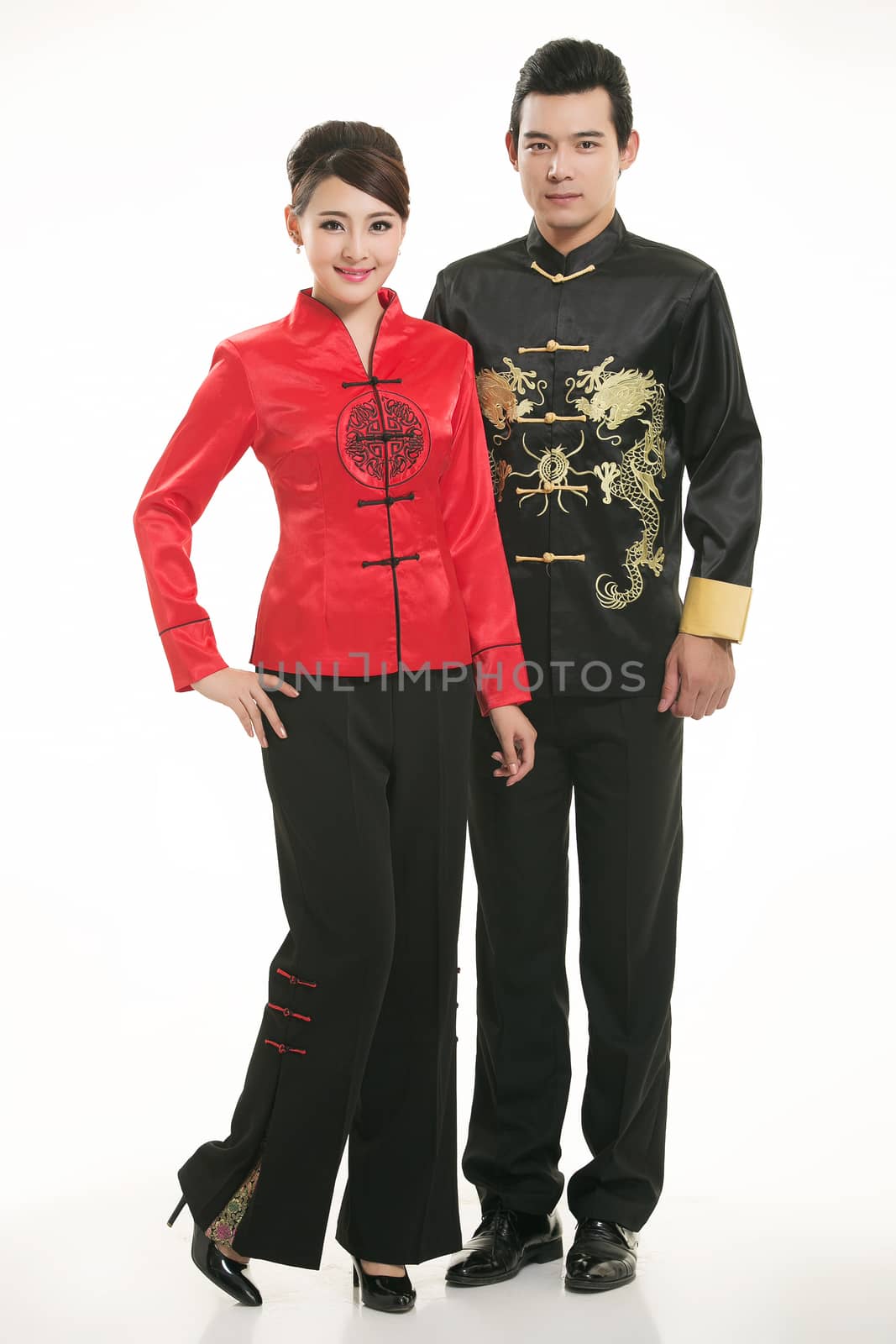 Wearing Chinese clothing waiter in front of a white background