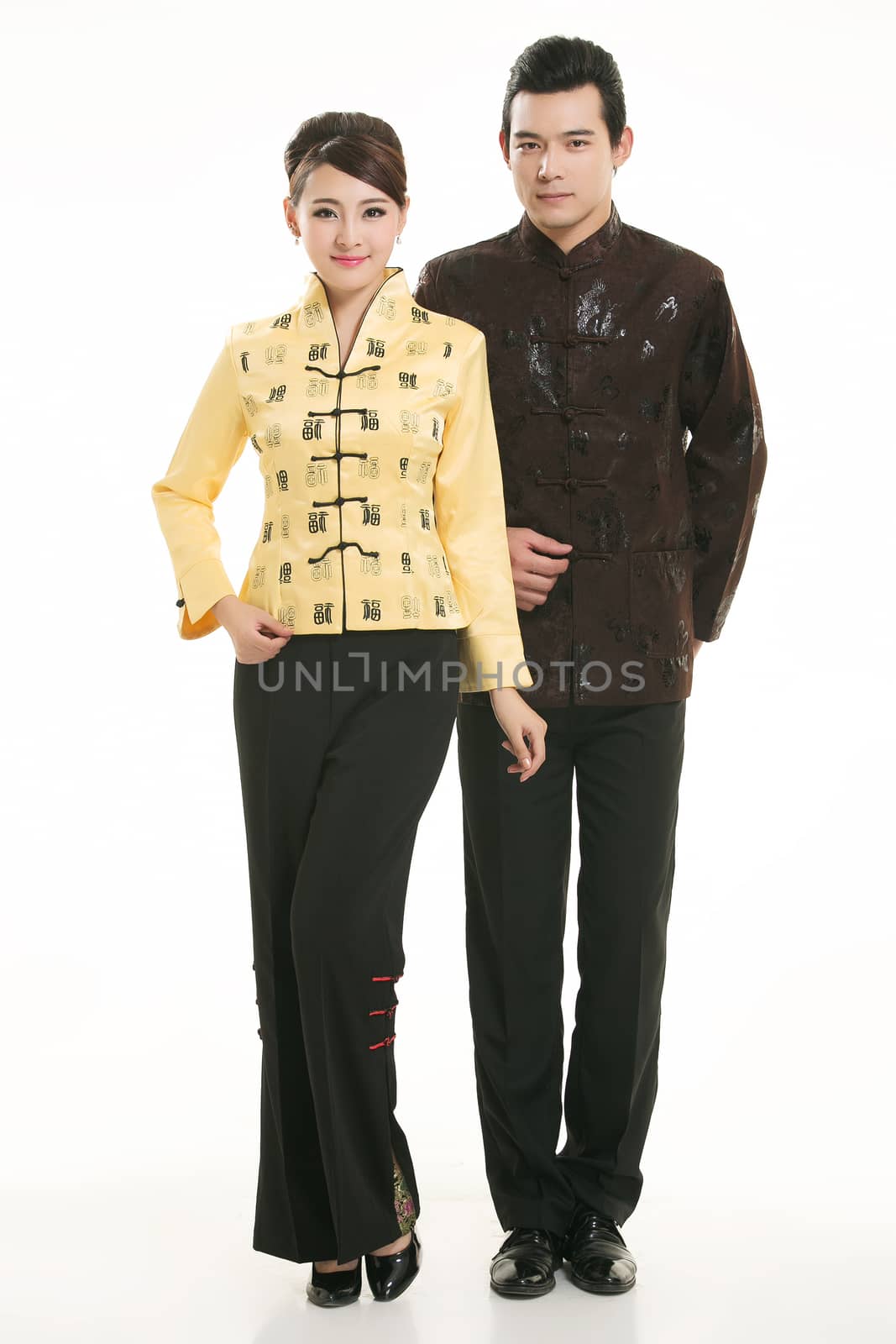 Wearing Chinese clothing waiter in front of a white background