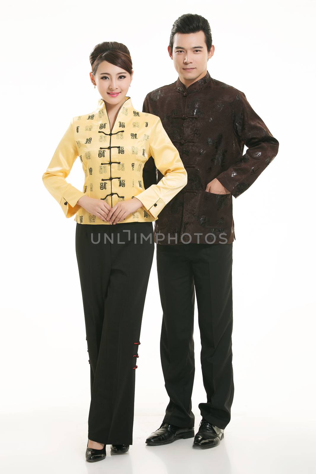 Wearing Chinese clothing waiter in front of a white background