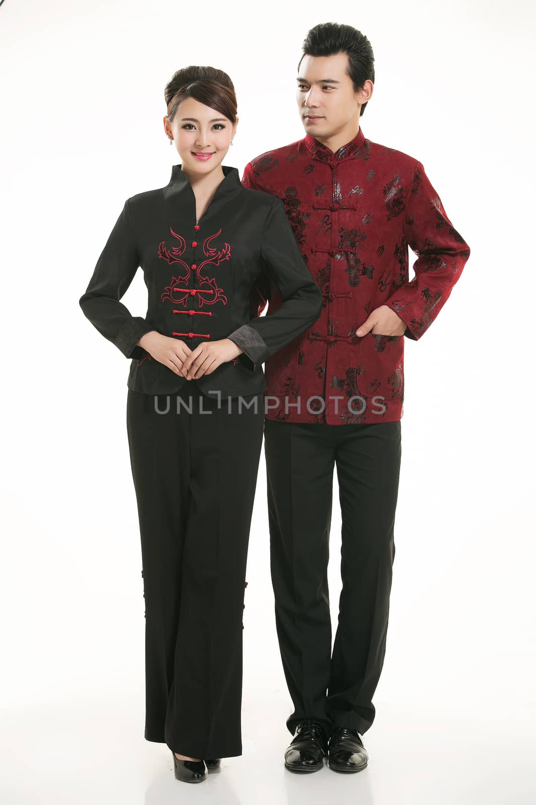 Wearing Chinese clothing waiter in front of a white background