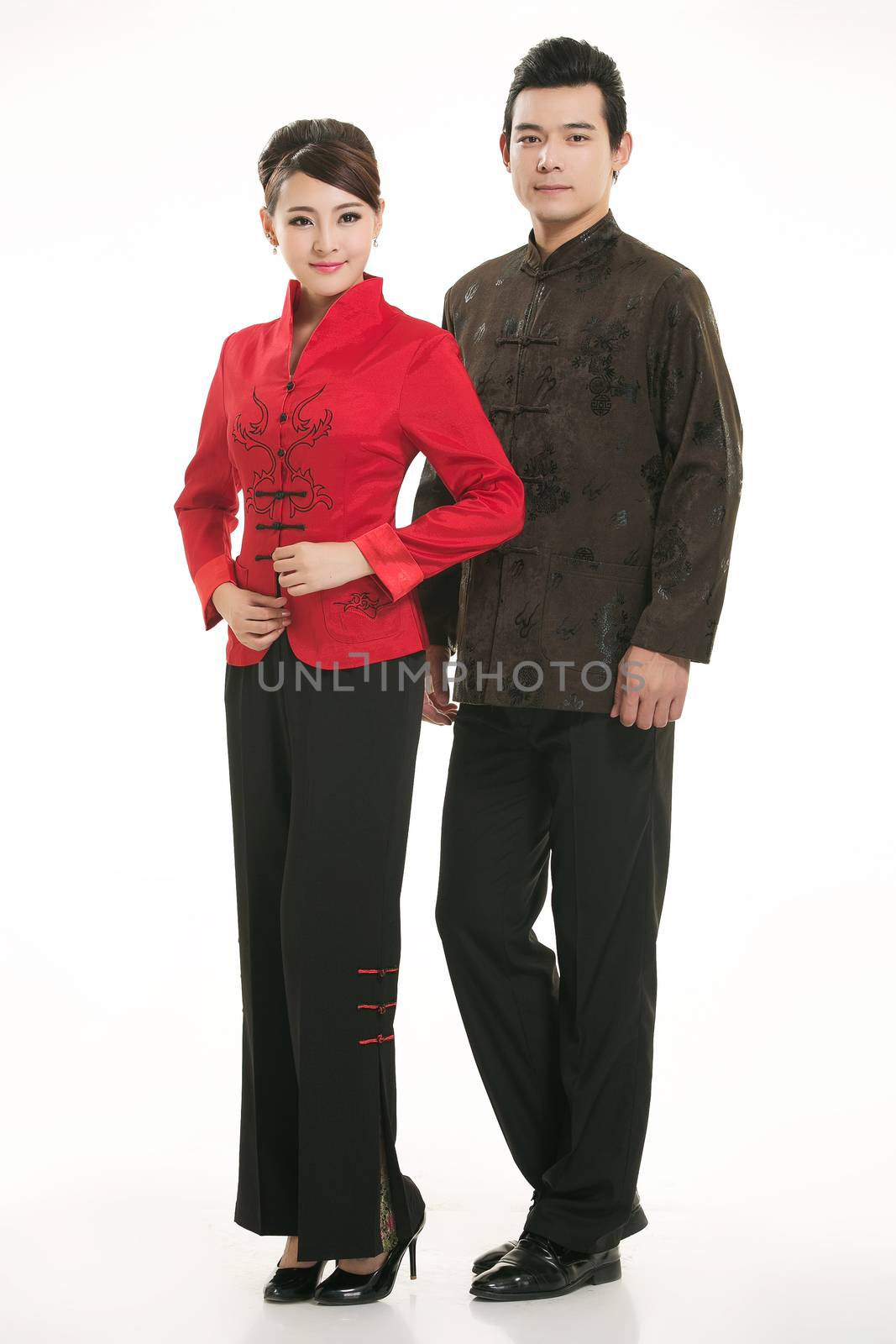 Wearing Chinese clothing waiter in front of a white background