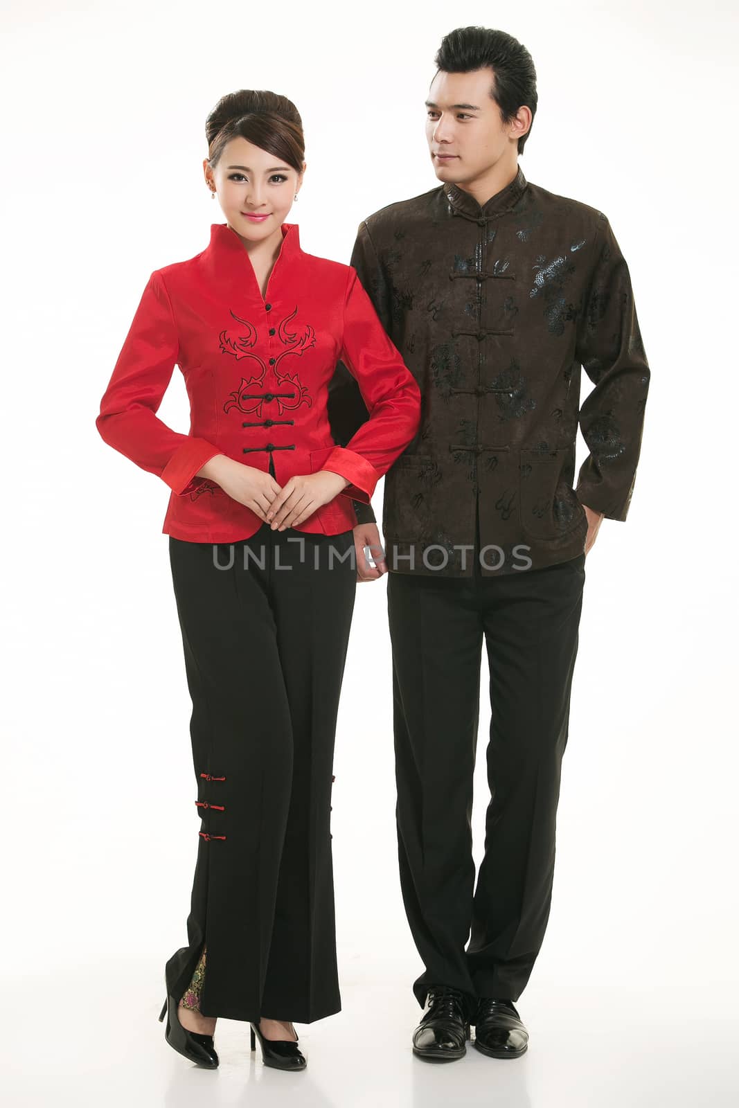 Wearing Chinese clothing waiter in front of a white background