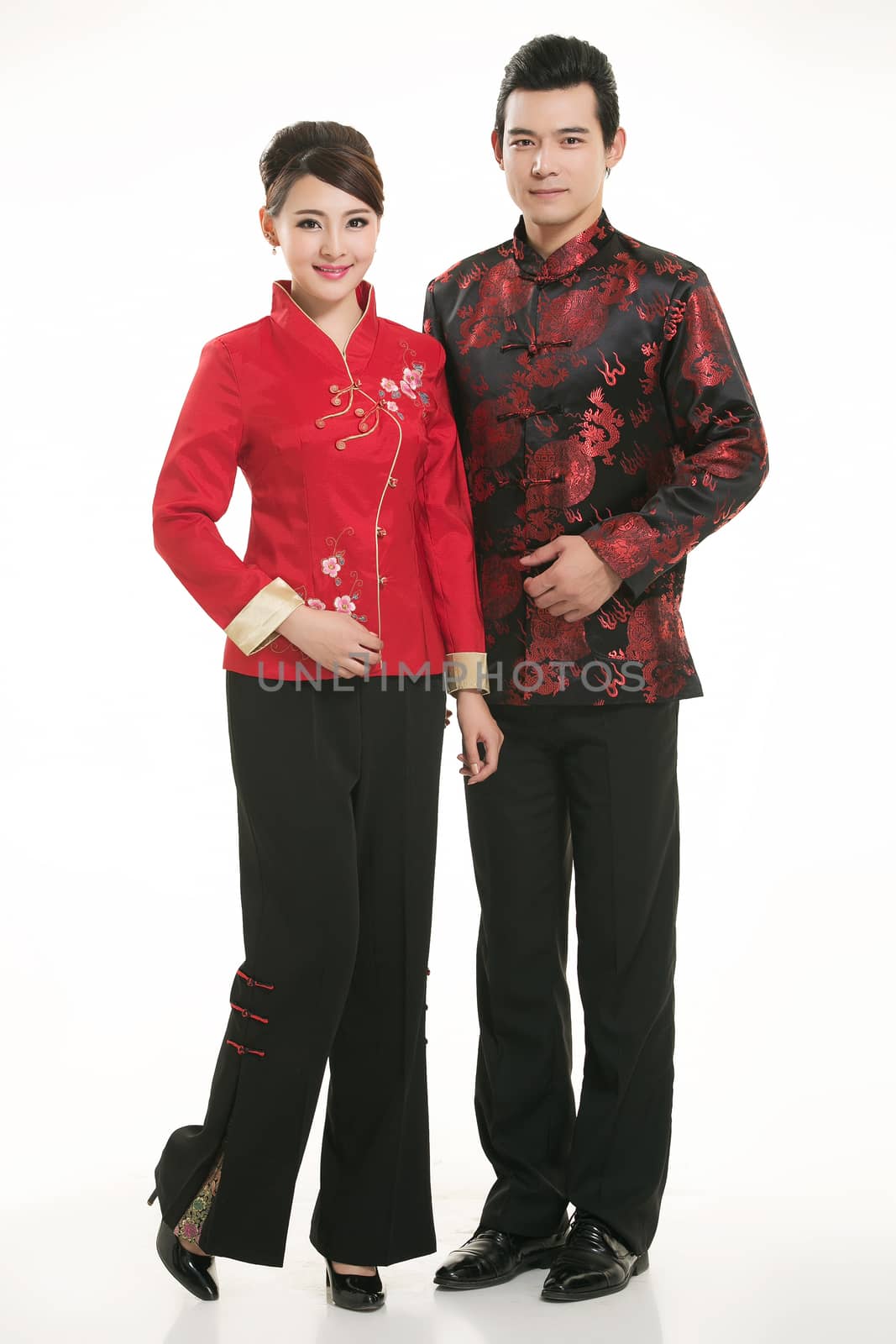 Wearing Chinese clothing waiter in front of a white background