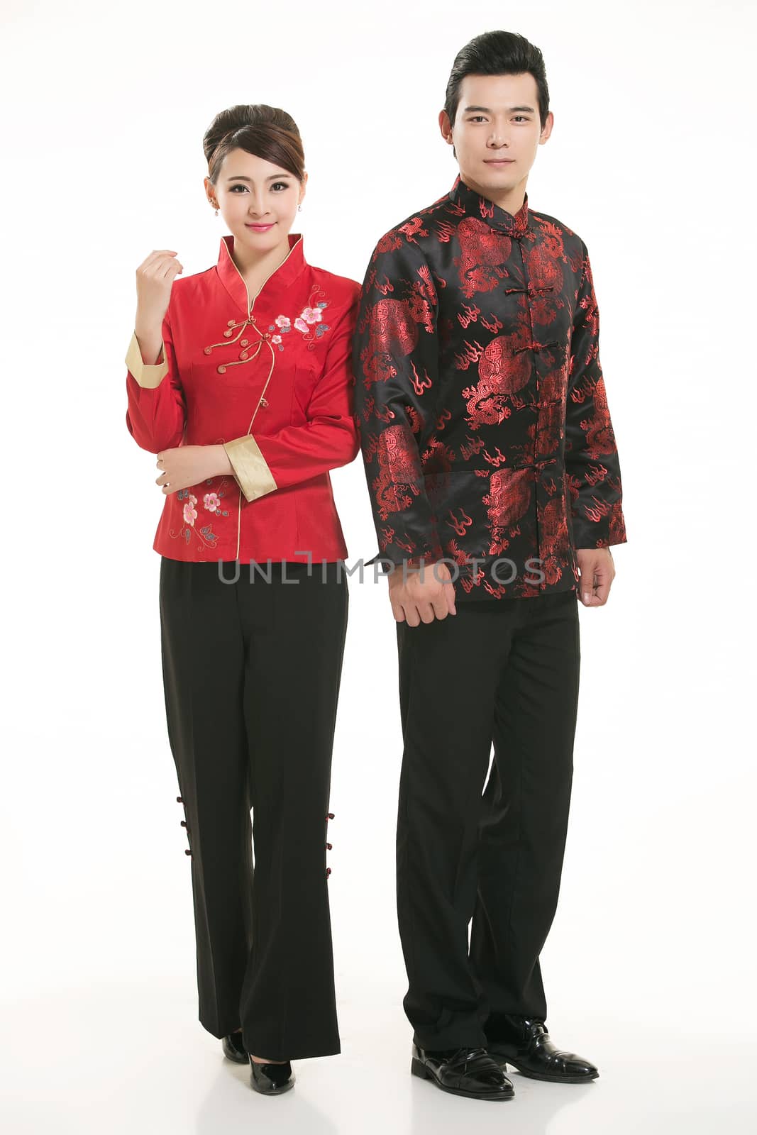 Wearing Chinese clothing waiter in front of a white background