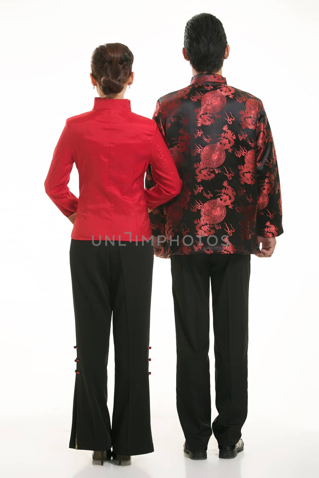 Wearing Chinese clothing waiter in front of a white background