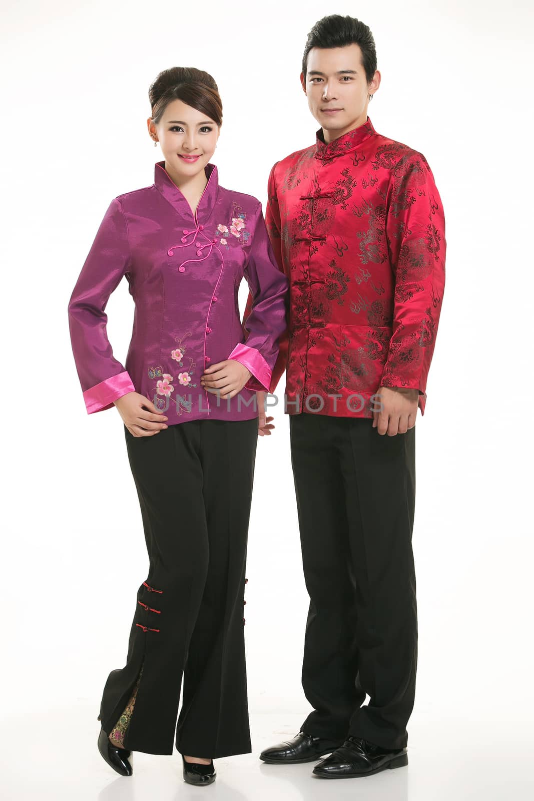 Wearing Chinese clothing waiter in front of a white background