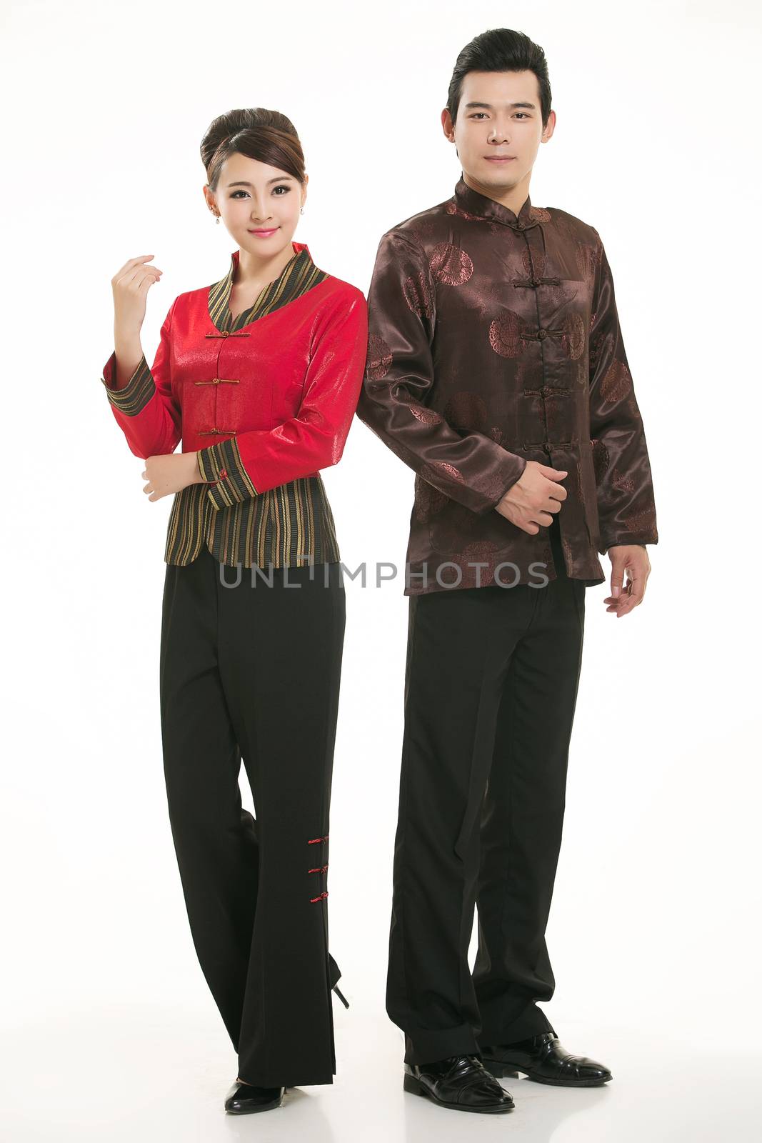 Wearing Chinese clothing waiter in front of a white background