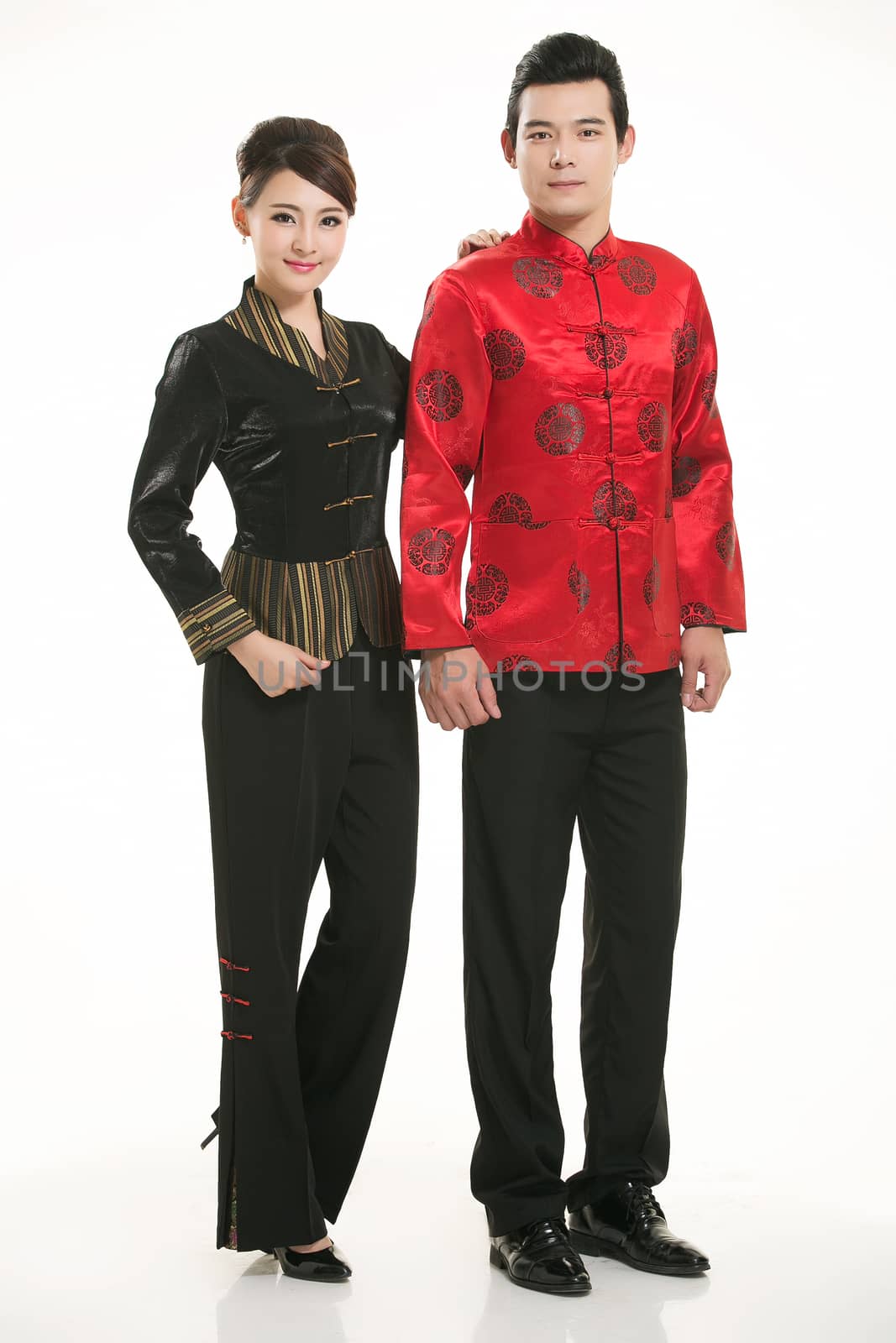 Wearing Chinese clothing waiter in front of a white background