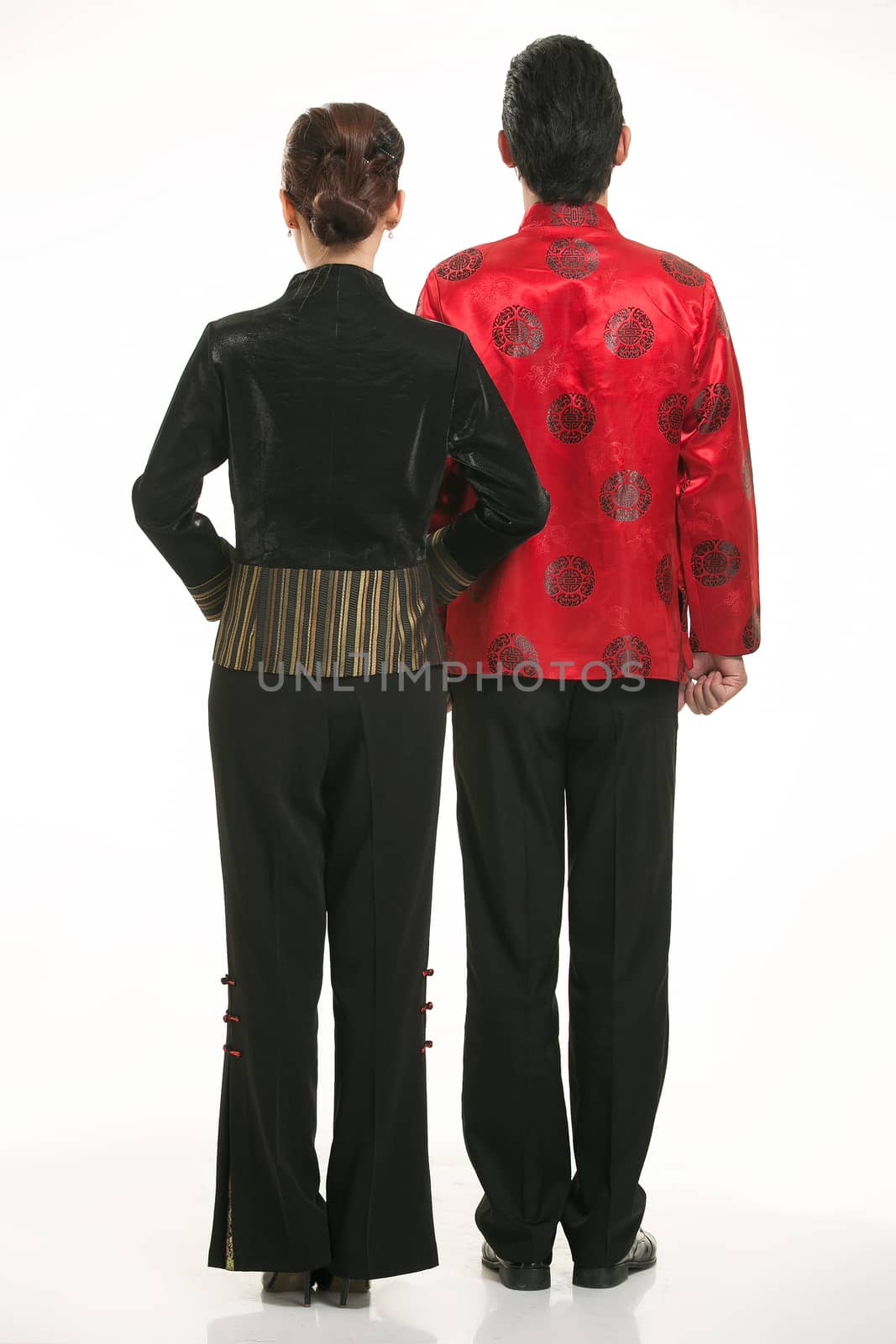 Wearing Chinese clothing waiter in front of a white background