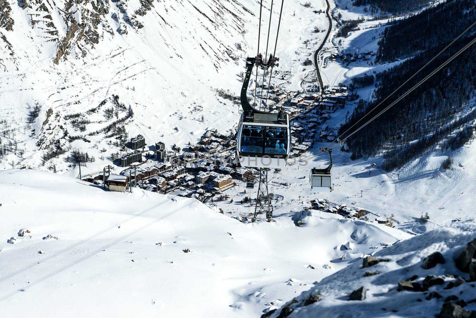 Cablecar to Val d'Isere, Alps in winter, Tarentaise, France