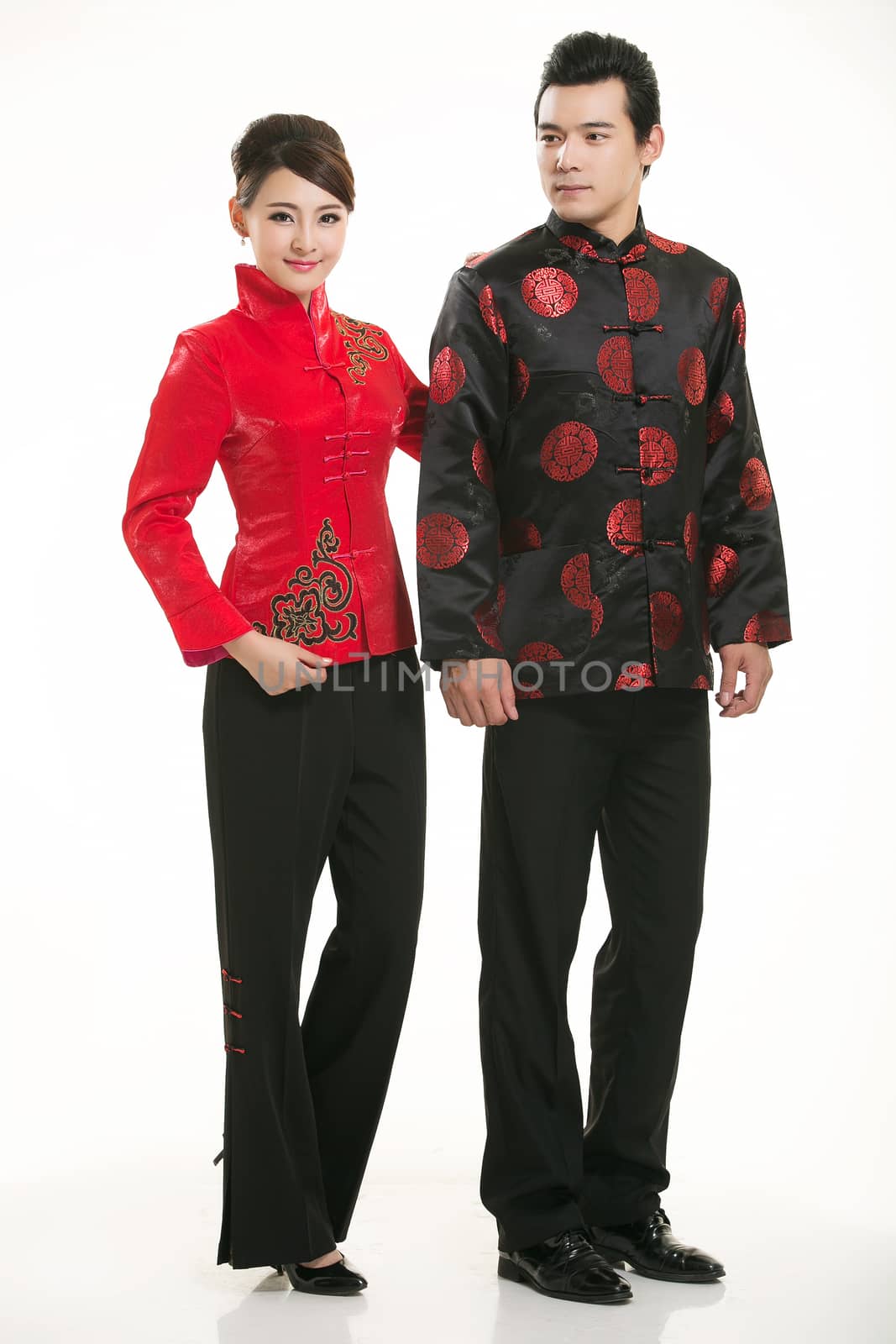 Wearing Chinese clothing waiter in front of a white background