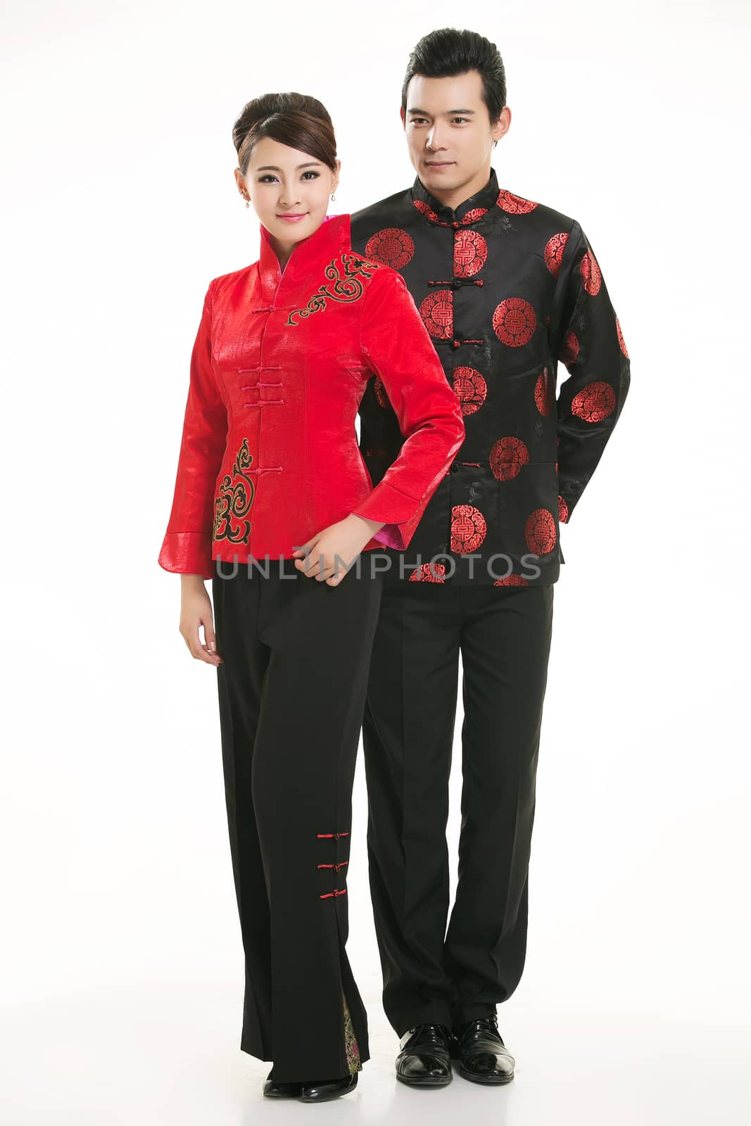 Wearing Chinese clothing waiter in front of a white background