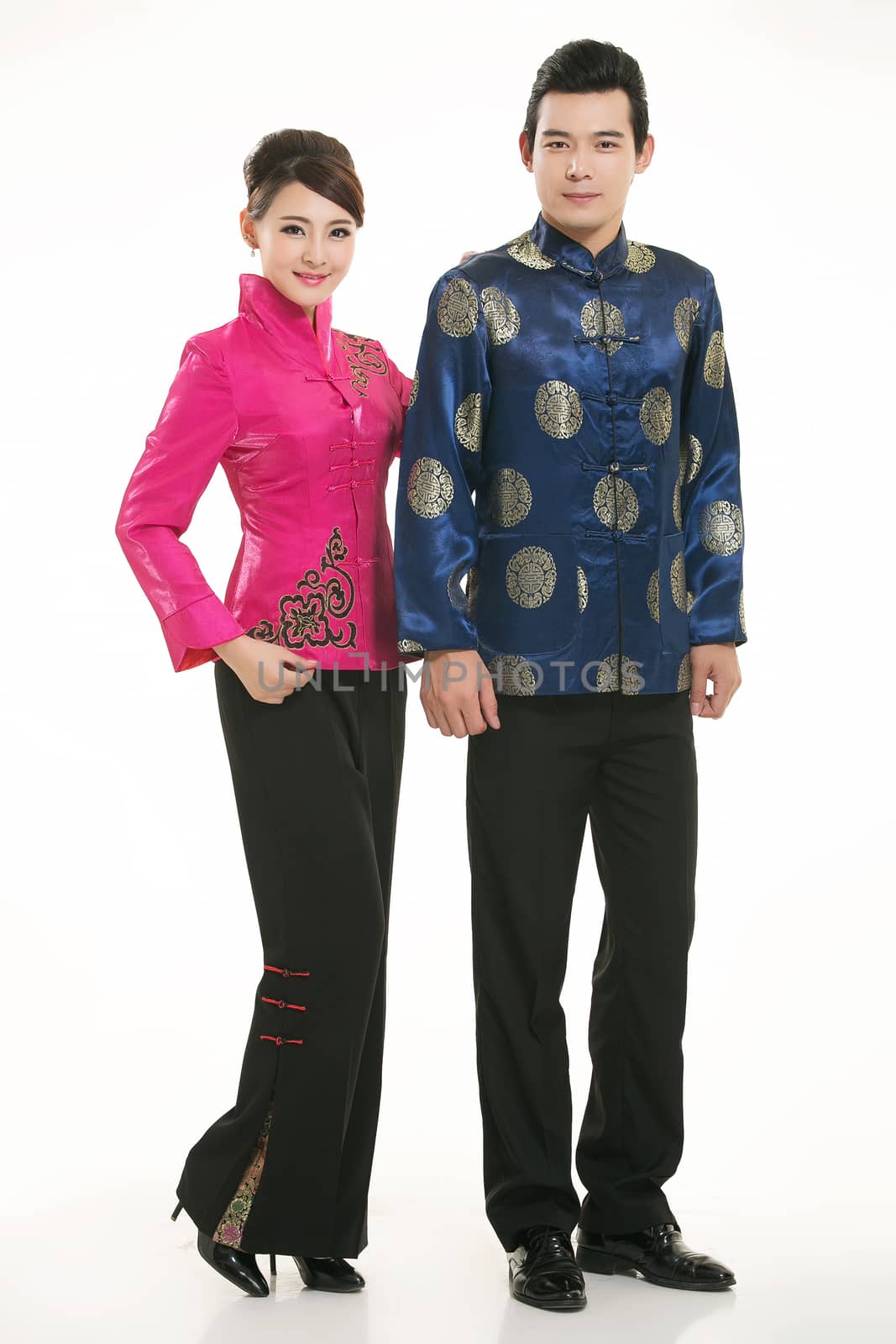 Wearing Chinese clothing waiter in front of a white background