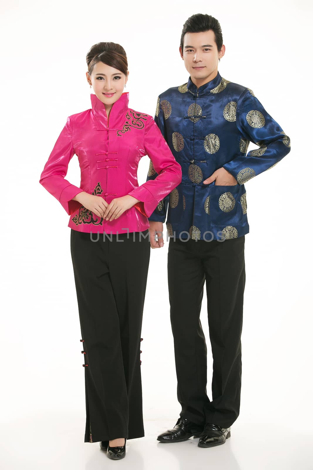 Wearing Chinese clothing waiter in front of a white background