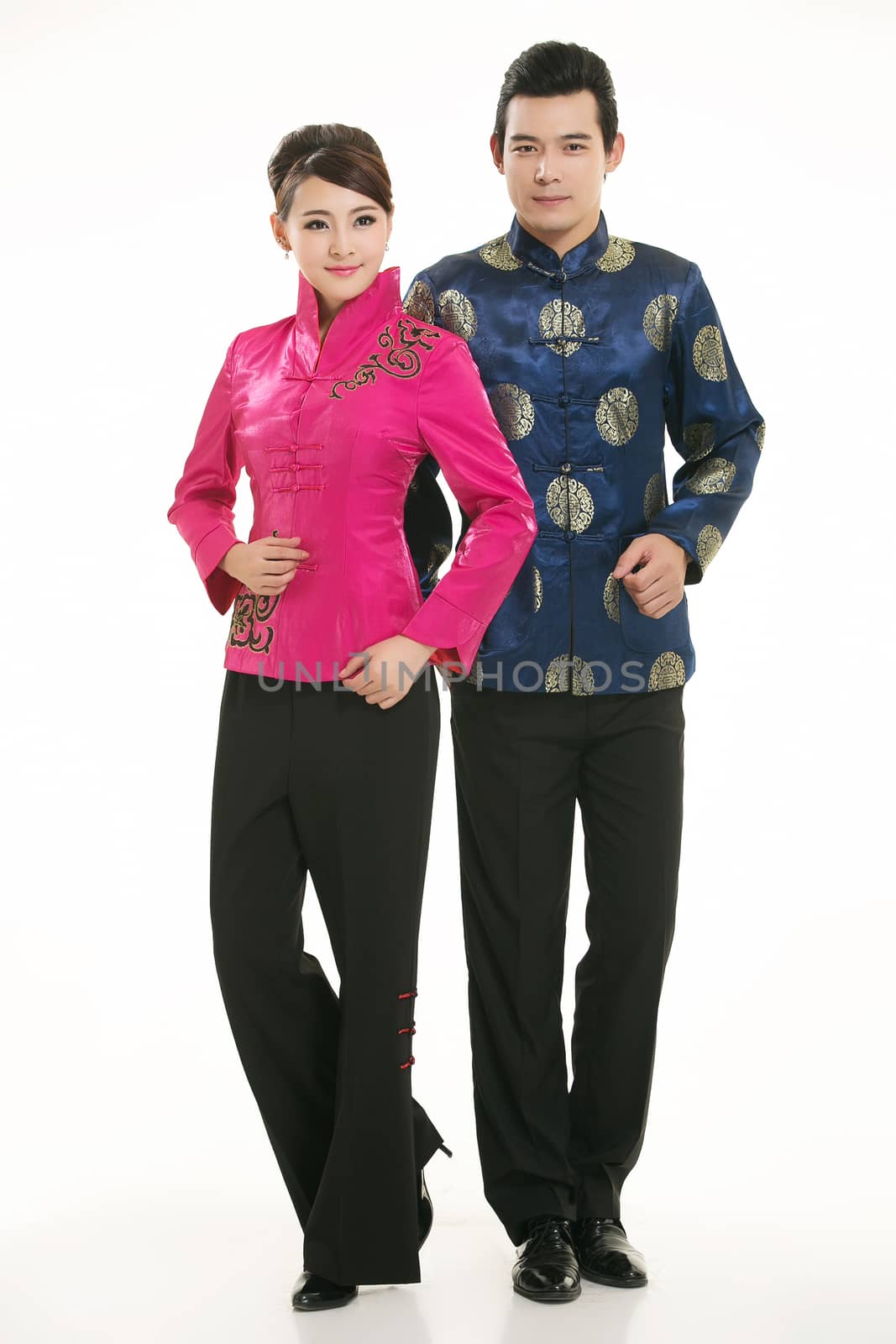 Wearing Chinese clothing waiter in front of a white background