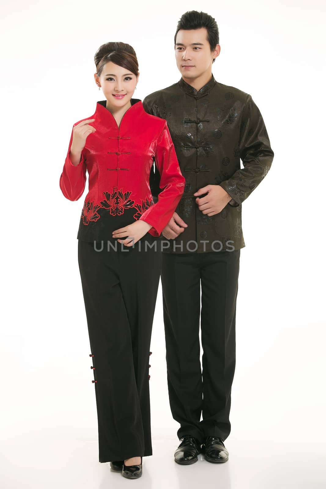 Wearing Chinese clothing waiter in front of a white background