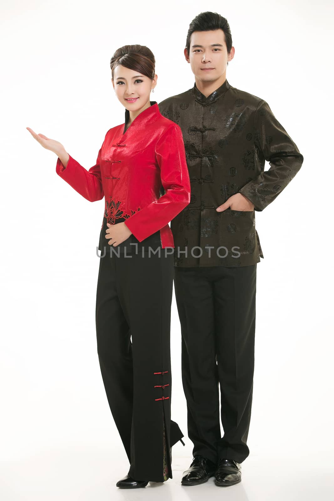 Wearing Chinese clothing waiter in front of a white background