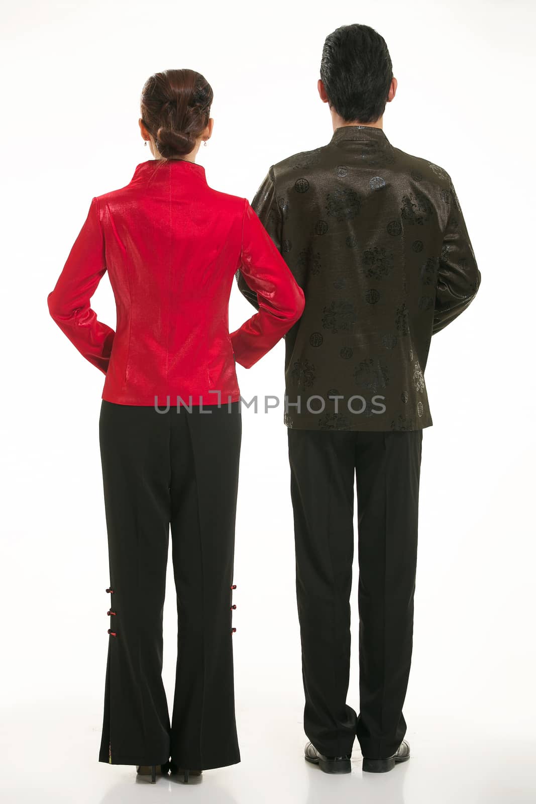 Wearing Chinese clothing waiter in front of a white background