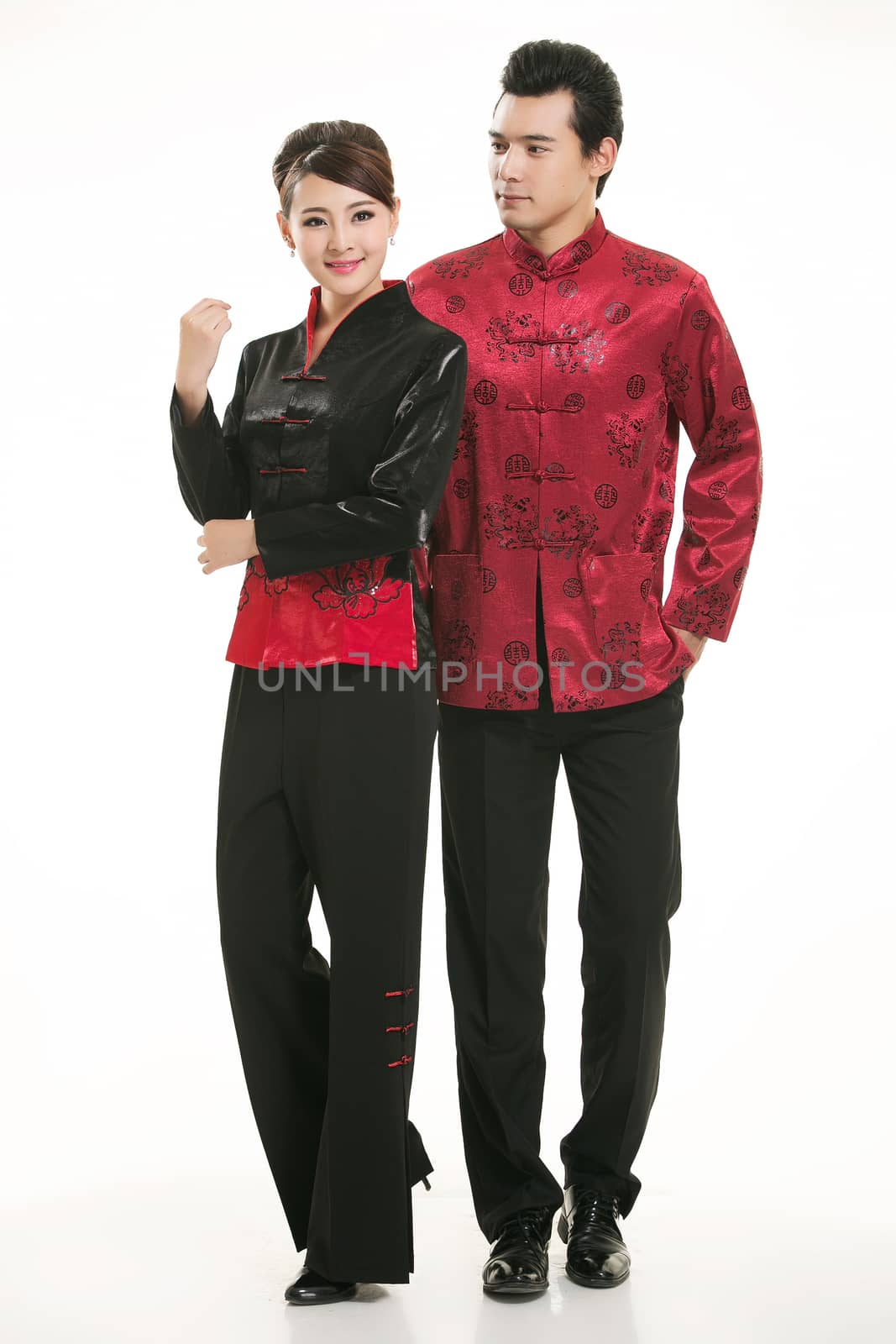 Wearing Chinese clothing waiter in front of a white background