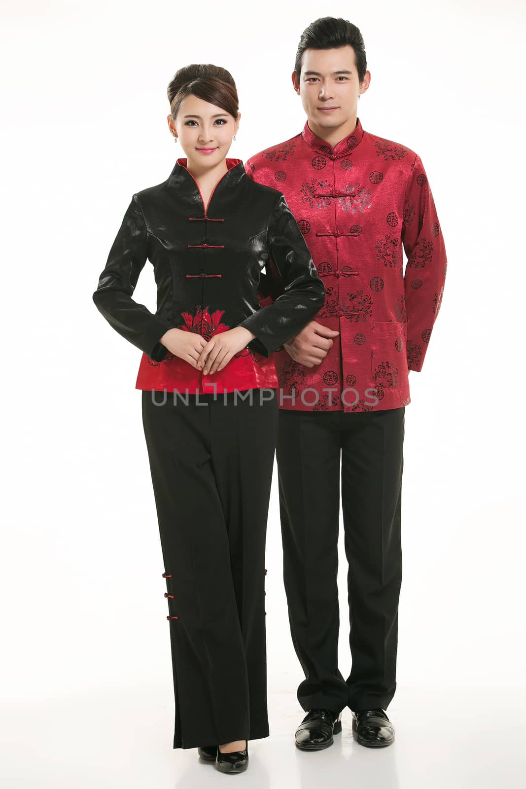 Wearing Chinese clothing waiter in front of a white background