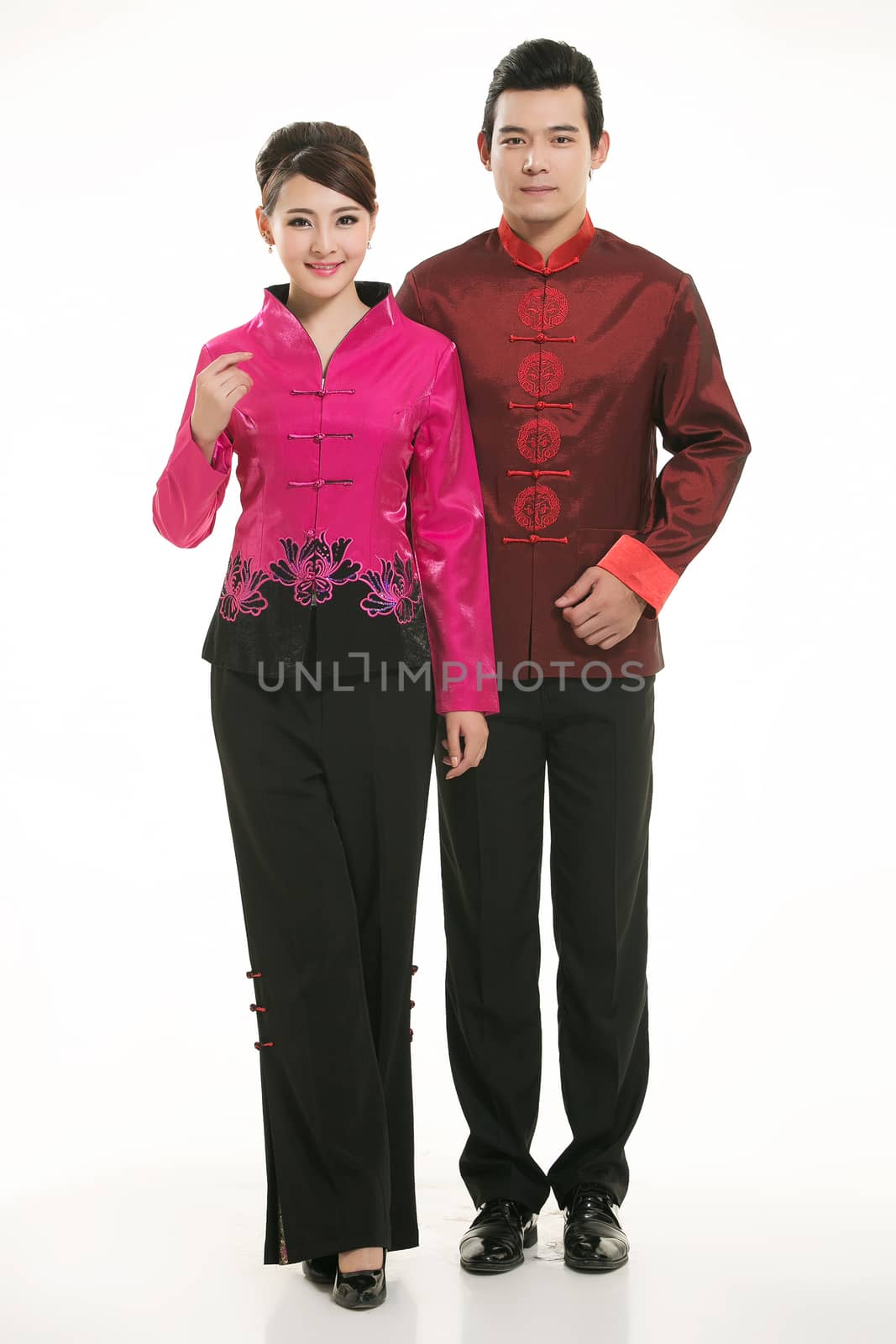 Wearing Chinese clothing waiter in front of a white background