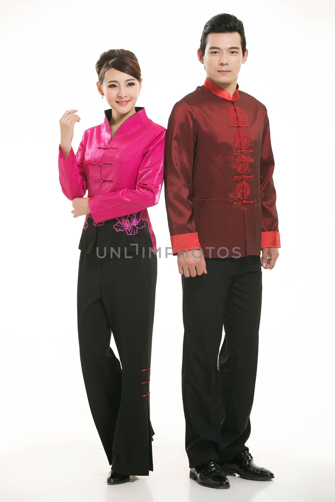 Wearing Chinese clothing waiter in front of a white background