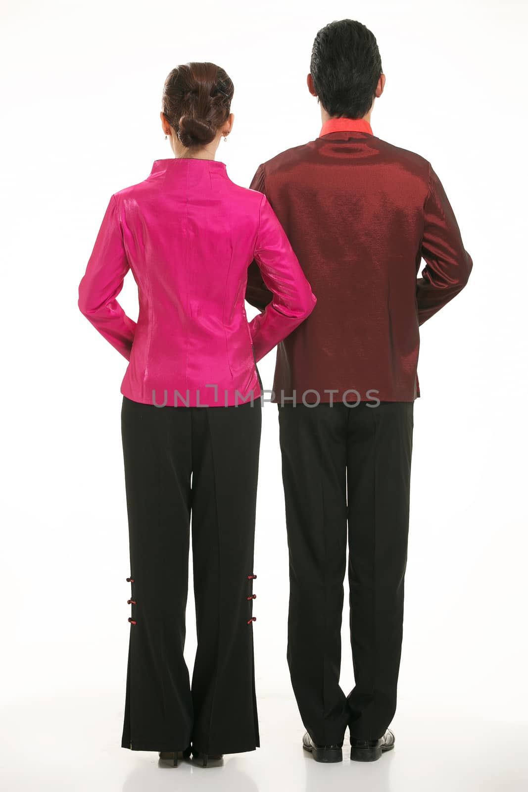 Wearing Chinese clothing waiter in front of a white background