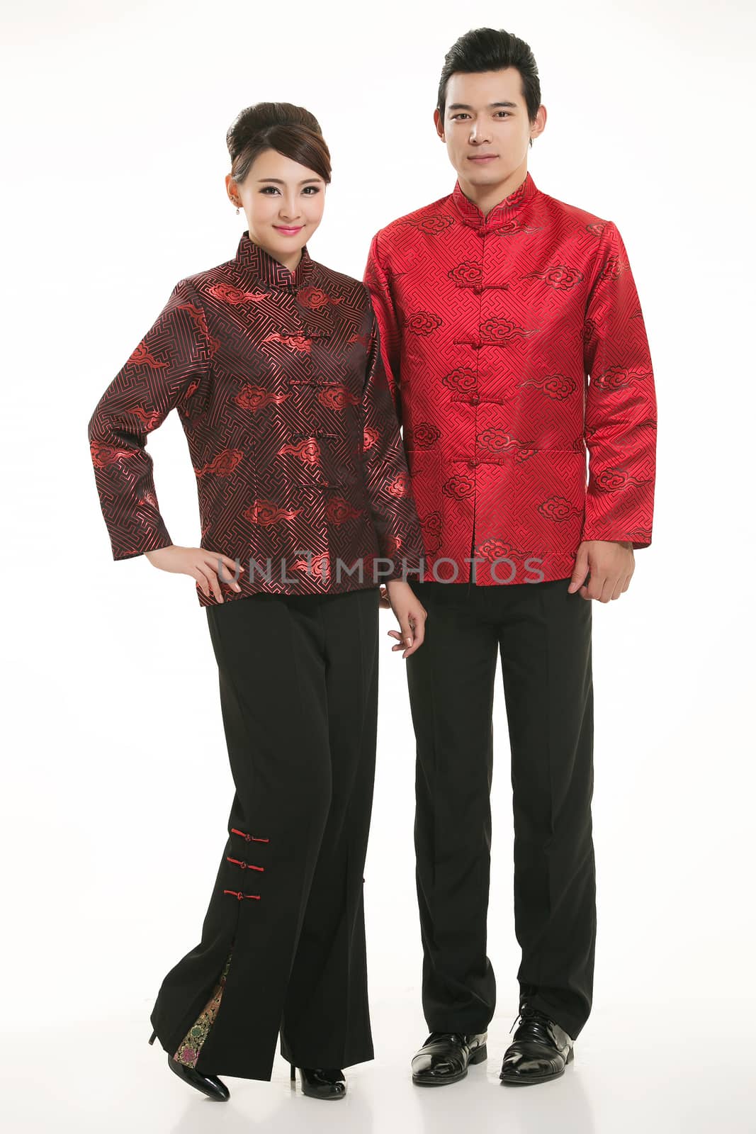 Wearing Chinese clothing waiter in front of a white background