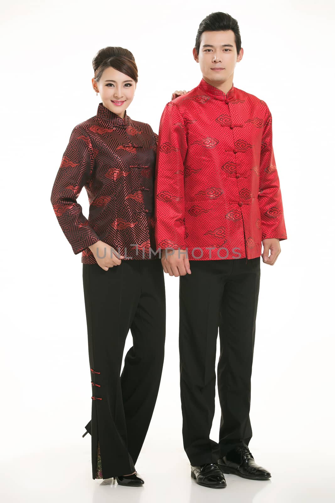 Wearing Chinese clothing waiter in front of a white background