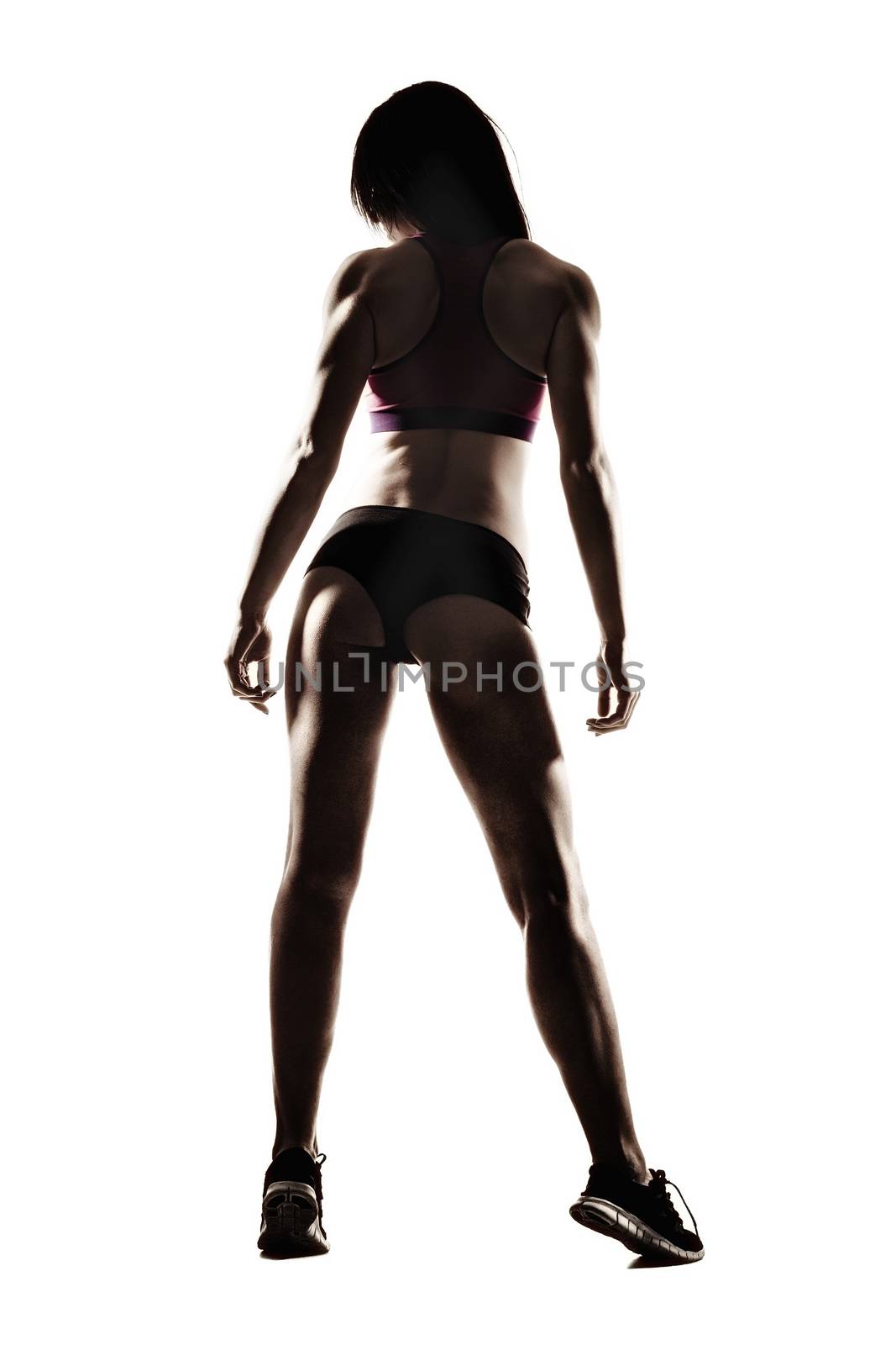 Fitness girl. Sexy body of athletic woman in shadows