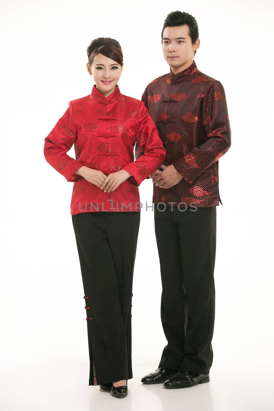 Wearing Chinese clothing waiter in front of a white background