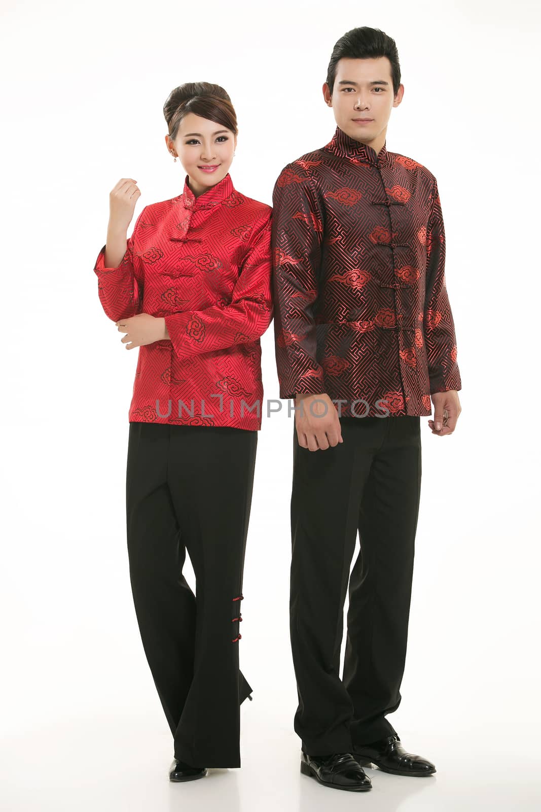 Wearing Chinese clothing waiter in front of a white background