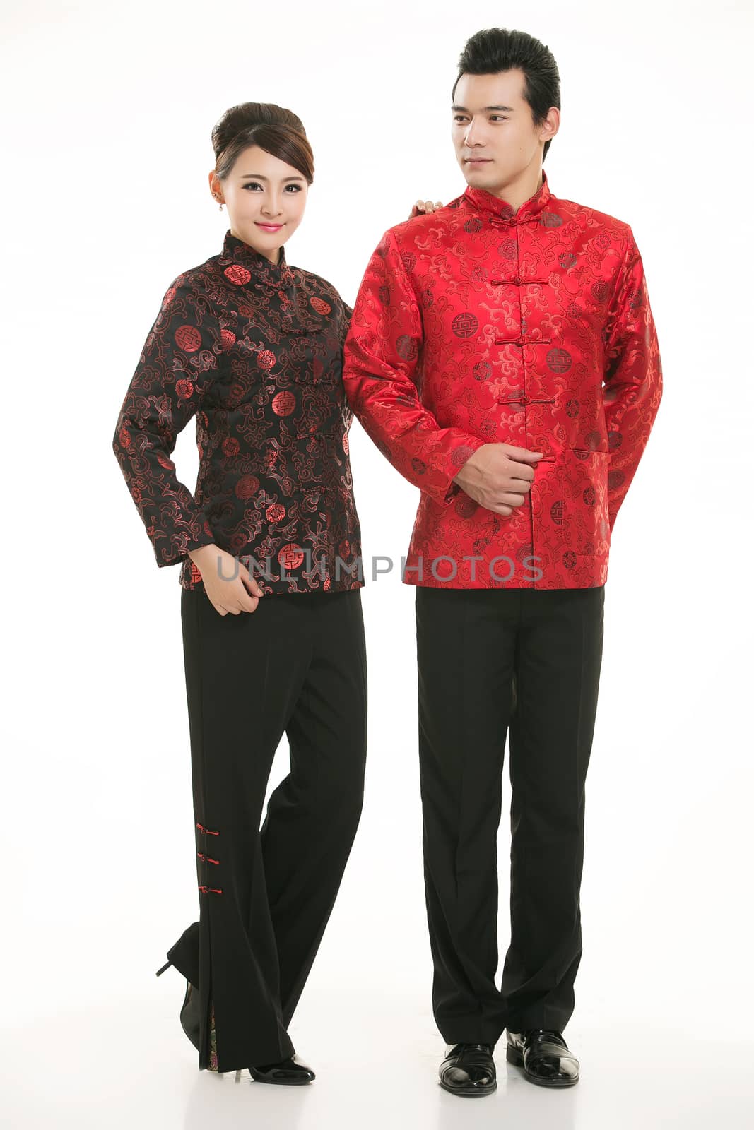 Wearing Chinese clothing waiter in front of a white background