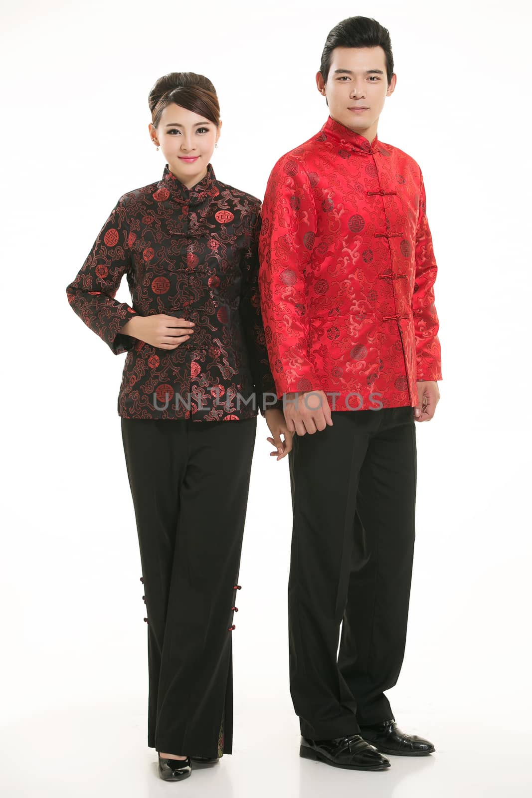 Wearing Chinese clothing waiter in front of a white background