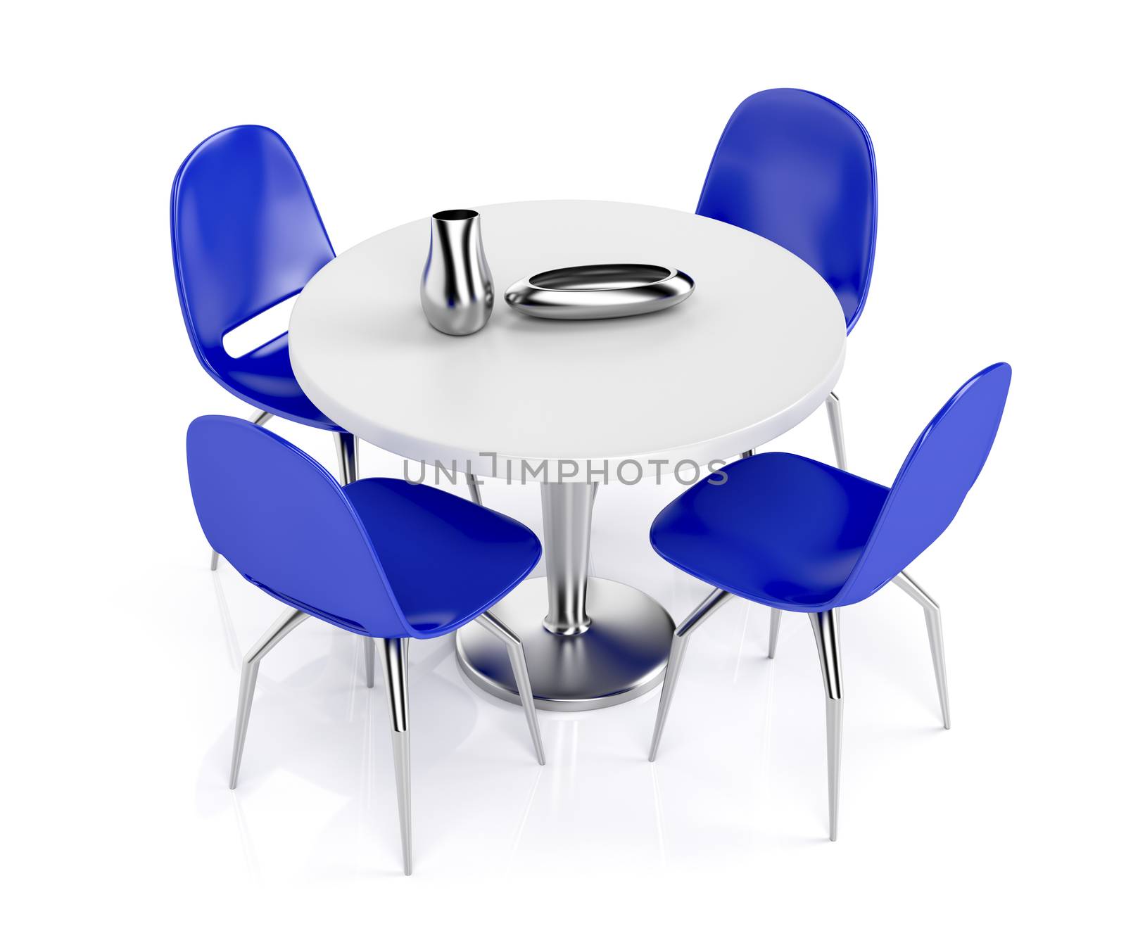 Round dining table and blue plastic chairs on white background