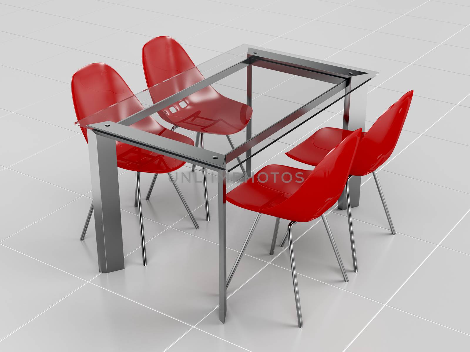 Glass dining table and red transparent plastic chairs