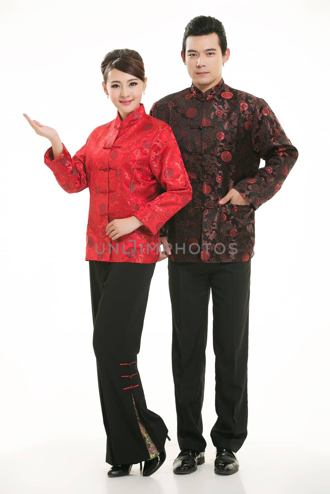 Wearing Chinese clothing waiter in front of a white background